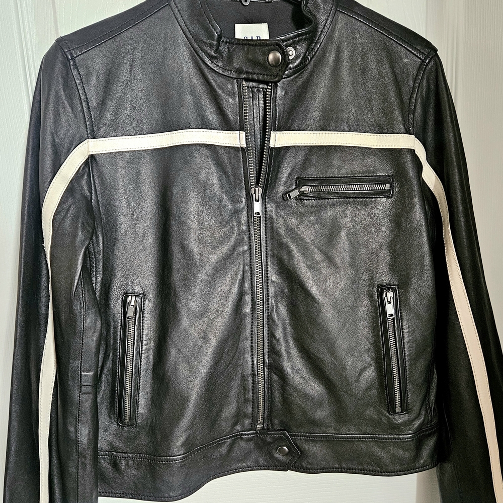 GAP Black Leather Jacket with White Stripes